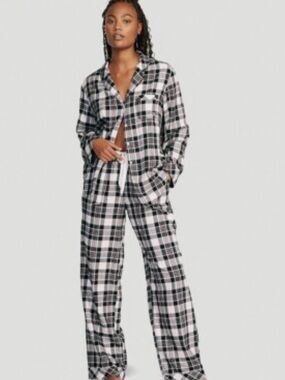 VICTORIA'S SECRET Flannel Long Pajama Set Heritage Plaid Black White Pink XXL